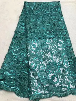

2019 Wholesale luxury quality African chiffon lace fabric with sequins 5 yards emerald green sequins lace fabric
