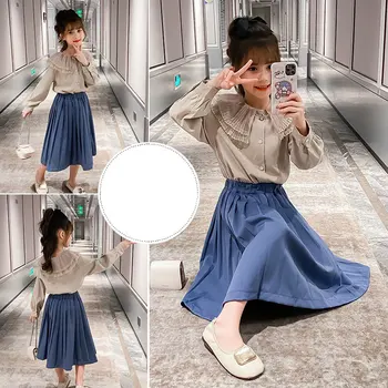 

Kids Summer Long Sleeve Suits Lace Blouse pleated Skirt Two Pieces Princess 3-12years Princess Girls Cute Outfits School Uniform
