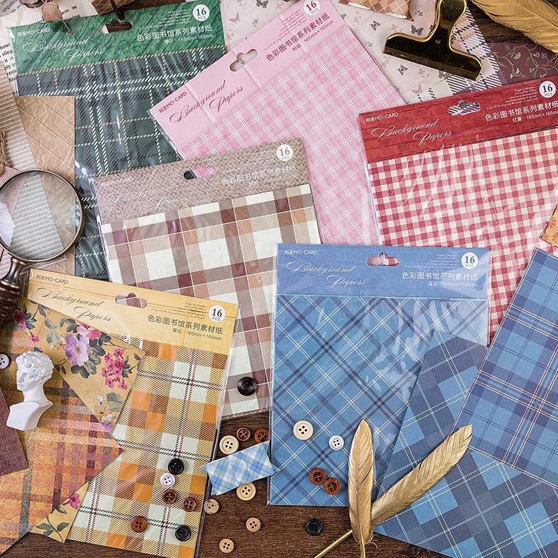 

(16 Sheets/lot) Retro Plaid Imitation Cloth Paper Scrap Booking Background Paper Hand Book Collage Decoration Paper Pack