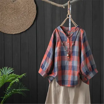 

Korean Plus Size 3/4 sleeve Plaid Shirts Women's autumn new Cotton Linen Top High Quality Womens Tops and Blouses Blusas Fashion