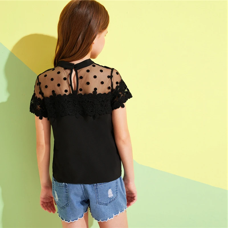 SHEIN Kiddie/Милая однотонная блузка с воротником-стойкой и оборкой для девочек детская одежда г., летний рукав-волан, топы с оборками на пуговицах сзади