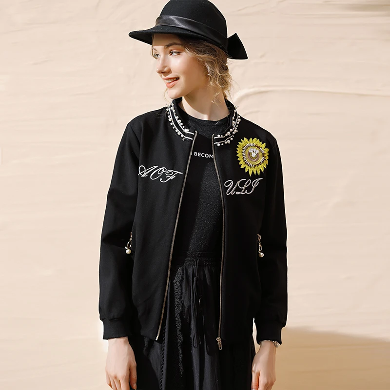 Черный L~ XXXL Роскошная зимняя куртка с вышитым подсолнухом, пальто размера плюс, женские топы, элегантное черное пальто с длинным рукавом, AOFULI, B5986 - Цвет: Черный