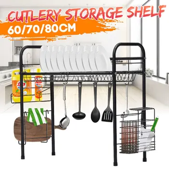 

60cm/70cm/80CM Sink Dish Drainer Drying Rack Shelf Stainless Steel Kitchen Cutlery Holder 1-tier Kitchen Storage Organizationer