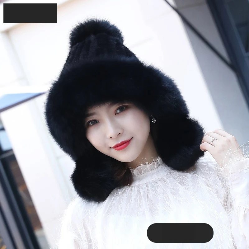 As picture TopFurMall) Оригинальные Вязаные норковые меховые шапки-бомберы Меховые помпоны из лисьего меха зимние теплые шапки модные ушные защитные головные уборы LF9130 - Цвет: As picture