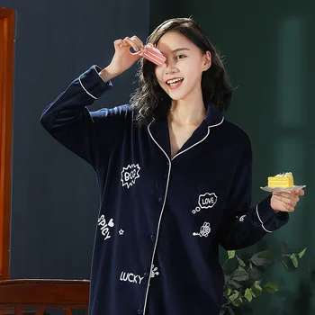 

Casual Nightgown Nightdress Loose Flannel Women Sleepshirt Long Sleeve Sleepwear Cute Cartoon Nightwear Lapel Home Dressing Gown