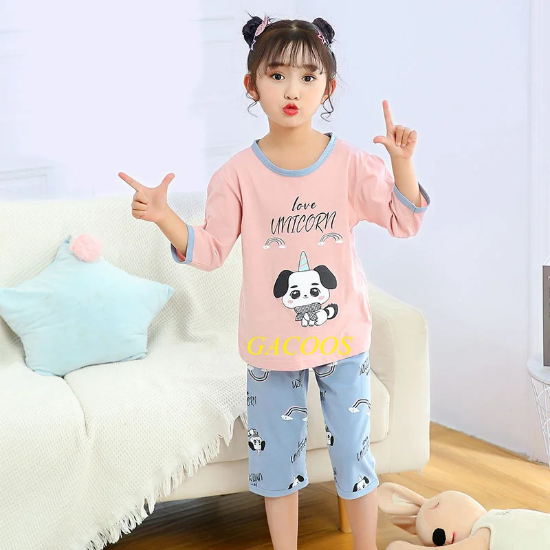 New Teens Baby Girl Pajamas Summer Short Sleeved Children's Clothing Sleepwear Cotton Pyjamas Sets For Kids 4 6 8 10 12 14 Years cheap pajama sets	 Sleepwear & Robes