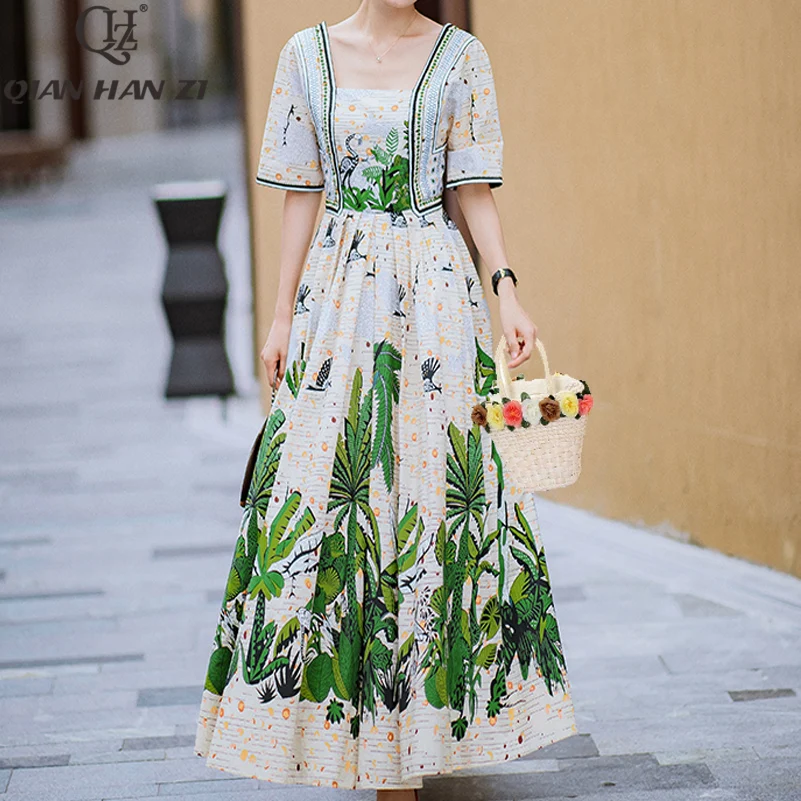 

Qian Han Zi 2019 brand Fashion runway Maxi dress Women's Square Collar Print Elegant Bohemian 100% Cotton Long Beach Dress