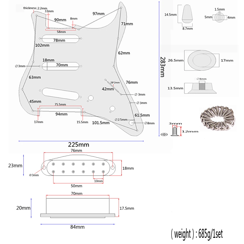 Prewired 3 катушки звукосниматели Pickguard с ручками управления для электрогитары