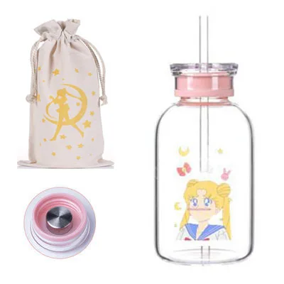 06 Креативная каваи Sailormoon бутылка для воды с соломинкой мультяшная Модная Портативная герметичная стеклянная чашка крышка для девушки бутылки для питья - Цвет: 06