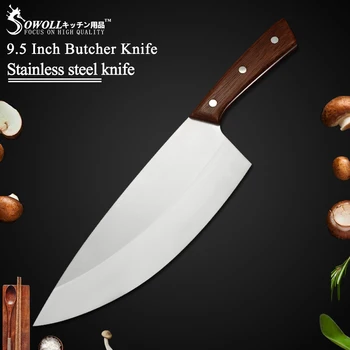 

Sowoll 9 Inch Chef Knives Heavy Duty Cleaver Chopper Knife Quality Stainless Steel Slaughter Cutlery Wood Handle Kitchen Tool