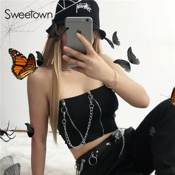 

Sweetown 2020 New Summer Punk Gothic Tube Tops For Women Patchwork Zipper Chains Sexy Wrap Bralette Crop Top Streetwear Black