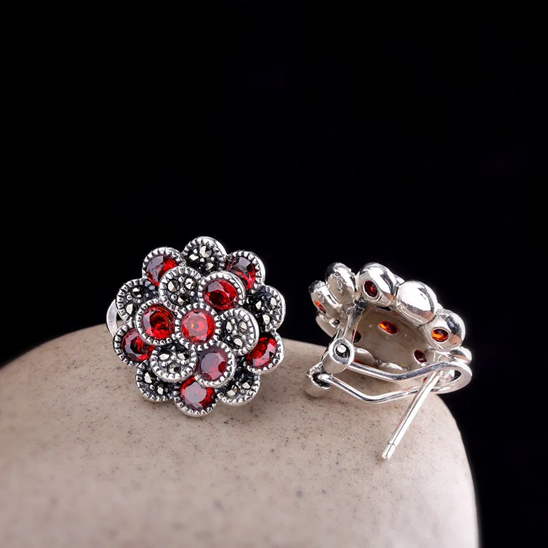Uglyless Blooming Flower Garnet Earrings for Women Vintage Ethnic Marcasite Stud Earrings Real 925 Silver Brincos Jewelry E1540
