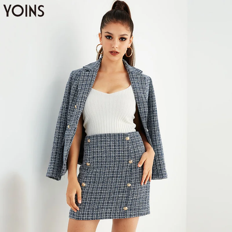 YOINS, женские блейзеры,, Осень-зима, шотландка, воротник с лацканами, пуговица, длинный рукав, карманы, верхняя одежда, OL, женские элегантные топы, верхняя одежда - Цвет: Синий