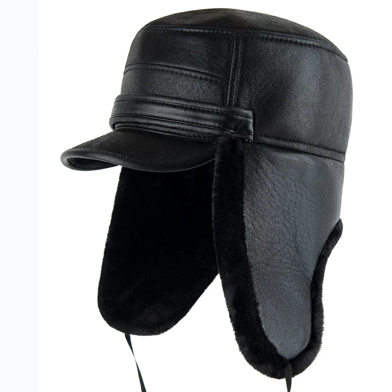 Black 1 Kagenmo, Мужская зимняя шапка с замком, теплая, толстая, меховая, бейсболка, кожаная, мужская, для спорта на открытом воздухе, сохраняет тепло, защита ушей, шапки-бомберы - Цвет: Black 1