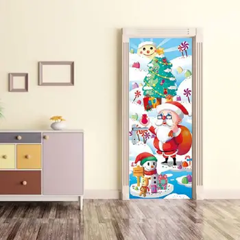 

Fantasy Christmas Door Cartoon Sticker for Kids Room Christmas Santa Claus Snowman Street Castle Sticker Home New Year Decor