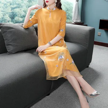 

Elegant Dress Chinese Style Women Spring Summer New Plus Size Flower Embroidery Stand Collar A-Line Ladies Dresses S-XXL