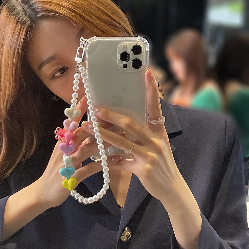 Cute Pearl Love Phone Chain Charm Bracelet Transparent Soft Case For