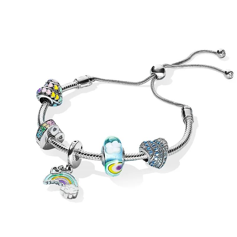 Подлинный 925 пробы серебряный многоцветный Браслет в европейском стиле, женский браслет с бусинами, подарок, ювелирное изделие своими руками