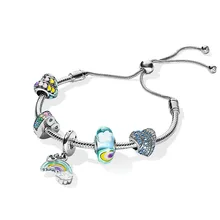 Подлинный 925 пробы серебряный многоцветный Браслет в европейском стиле, женский браслет с бусинами, подарок, ювелирное изделие своими руками