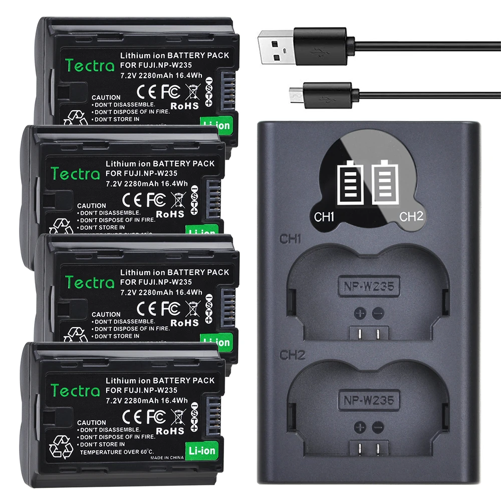 4PCS 2280mAh NP-W235 NPW235 Camera Batteryfor Fujifilm Fuji X-T4 Camera + LCD USB Dual Charger with Type C Port