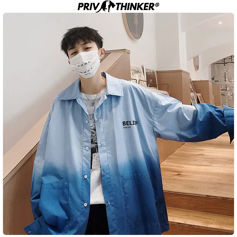 Privathinker Мужская 2020 летняя градиентная рубашка с длинными рукавами Дизайнерская