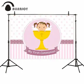 

Allenjoy Bule Backdrops My First Communion Letters Cross Sequins Photozone Decor Kid Grand Event Wall Party Banner Background