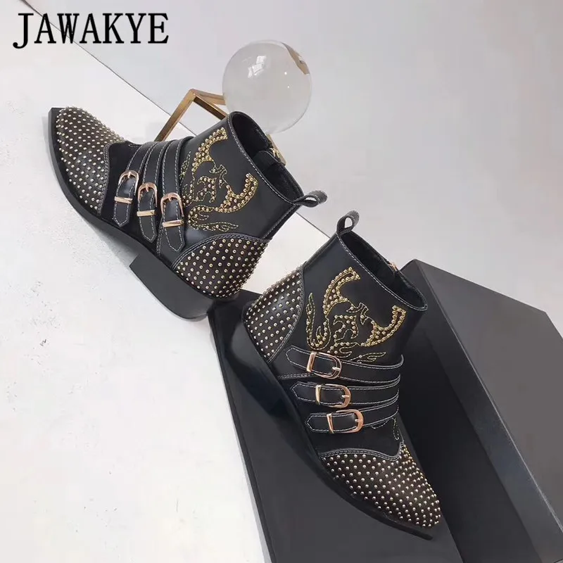 JAWAKYE/женские ботинки с острым носком и заклепками; ботильоны из натуральной кожи с заклепками; зимняя обувь на каблуке «рюмочка» с пряжкой и ремешком; Цвет Черный; botas mujer