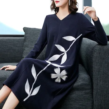 

Winter Dress New Arrival 2019 Women's Fashion V Neck Long sleeve Focking Loose Waist Elegant Mid Calf Knitted Dress Hot Sale