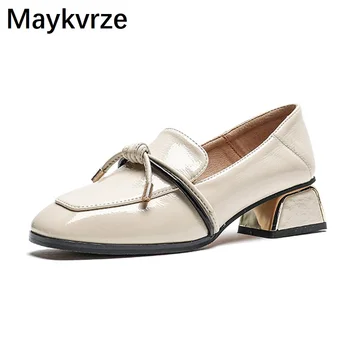 

Europe and American women's shoes leather bowknot metal square heel female Pumps British style Retro wild woman High Heels