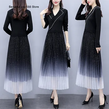 

new women's spring 2020 beaded contrast color stitching slim-fit socialite fashion elegant dress light mature