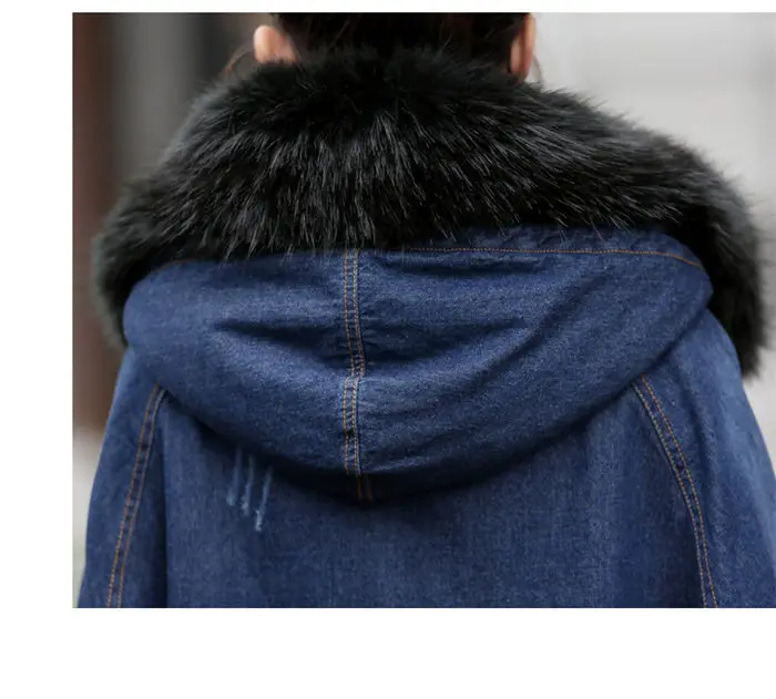 Плюс бархат теплые на зиму Модная Джинсовая куртка корейский принт Повседневная одежда большого размера женский меховой воротник с капюшоном овечья шерсть одежда f1557