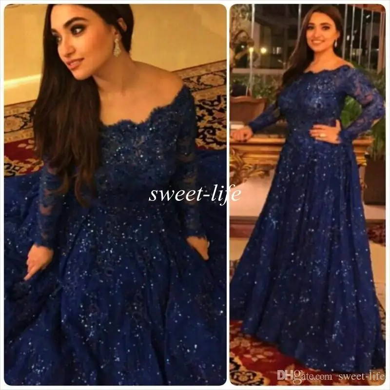 Блестящее винтажное вечернее платье robe de soiree с длинным рукавом, с бусинами, шлейфом, плюс арабское темно-синее кружевное вечернее платье - Цвет: Тёмно-синий