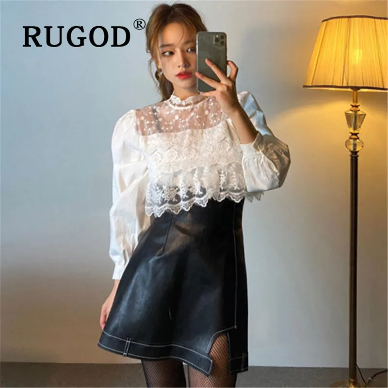 RUGOD блузка женская с длинным рукавом кружевная вышивка винтажная Корейская