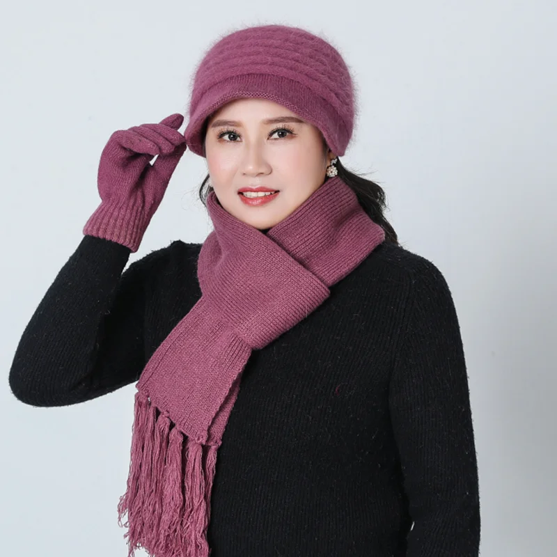 Женская шапка из кроличьего меха, вязаный шарф, набор для мамы, повседневные женские зимние шапки, толстая бархатная шапка, шарф, перчатки, набор для шарфов, шапка