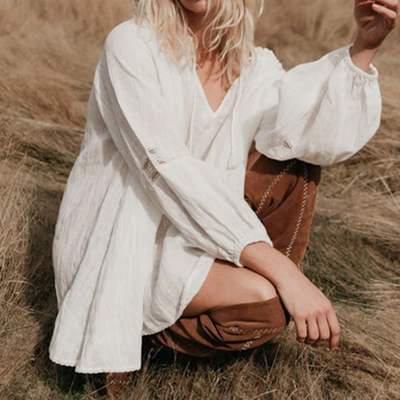 Фонарь с длинным рукавом Хлопок Boho белая блузка, женские рубашки богемные Кружева V шеи свободные блузки Женщина Плюс Размер Топы Blusas