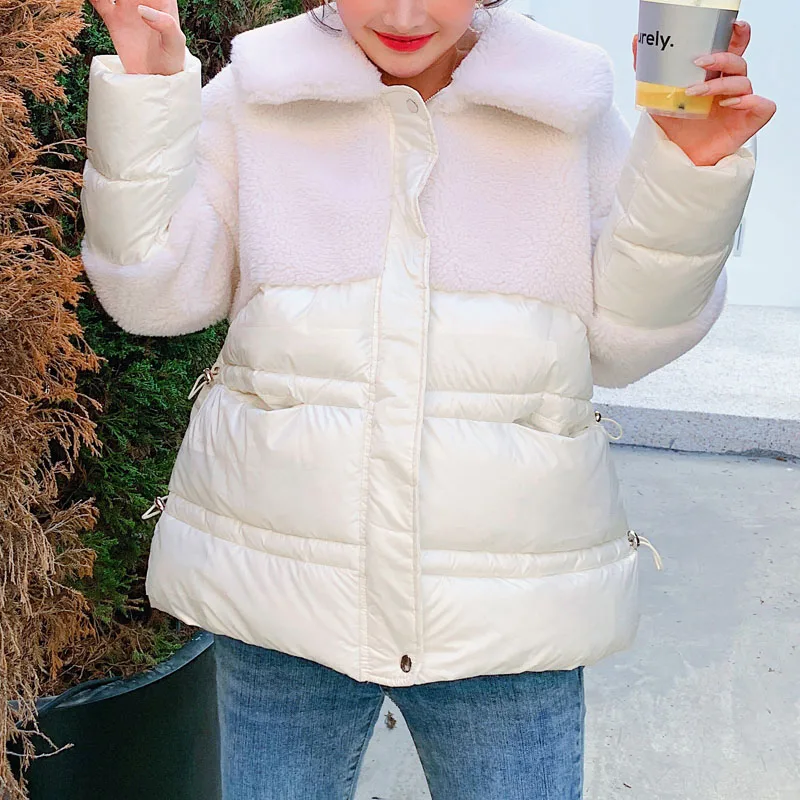 white winter parka Зимняя женская теплая куртка элегантное пальто из искусственной овечьей шерсти для девочек Корейский стиль приталенные короткие куртки из хлопка - Цвет: white winter parka