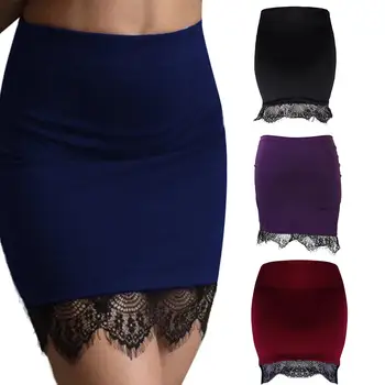 

2019 New Arrival Women Sexy Solid Color Lace Patchwork Bodycon One Step Nightclub Short Skirt