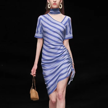 

Seifrmann Summer Fashion Runway Women Mini Asymmetrical Dress V-Neck Striped Ladies Bodycon Casual Slim Shourt Dress＋Scarf