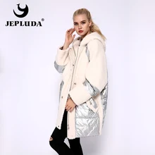 JEPLUDA, новая мода, свободный тип размера плюс, зимнее пальто для женщин, шерсть, смесь, Mashup, пуховик с капюшоном, Толстая теплая парка, женская меховая куртка