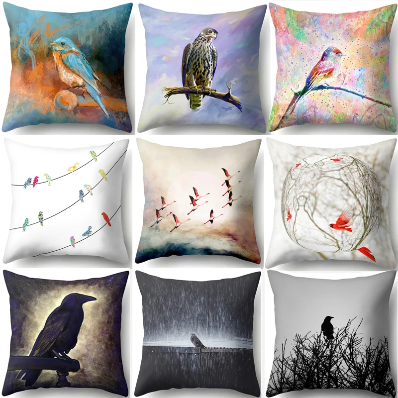 

Pillowcase Birds Printed Polyester Cushion Cover 45*45 Watercolor Painting Decorative Pillows Sofa Home Decor Pillow Cover