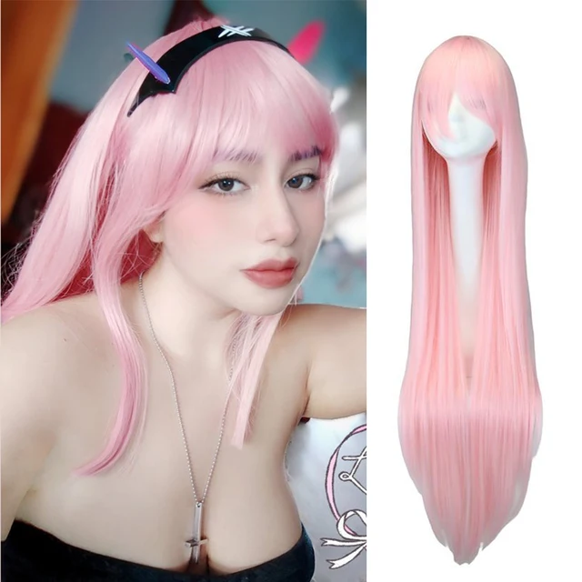 QQXCAIW Long Straight Cosplay Wig Black Purple Black Red Pink Blue Dark Brown 100 Cm Synthetic Hair Wigs light pink