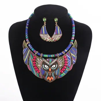 

New style Bohemian Retro Creative Exaggeration alloy with cord personality Necklace with Earrings ethnic Jewelry Set for Women's