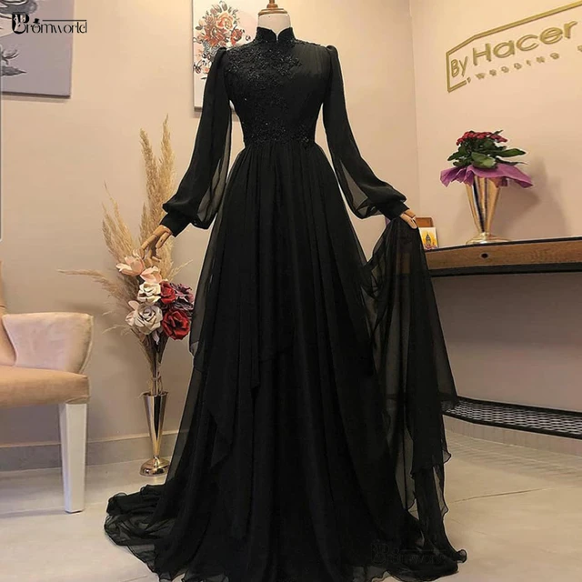 Preto manga longa musilm vestidos de noite a linha alta pescoço