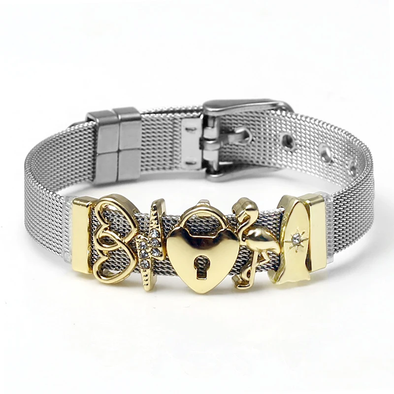 Изысканные часы из нержавеющей стали, сетчатые браслеты для пояса для женщин, мужчин, влюбленных пар, медвежьи лапы, велосипедный кристалл, Круглый браслет с подвесками, браслет - Окраска металла: YD011-1