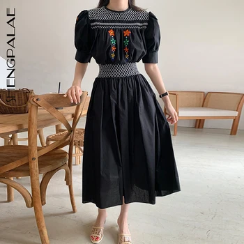 

SHENGPALAE 2020 New Summer Women Vintage Loose High Waist Slim Was Thin Elegant Embroidery Flowers Puff Sleeve Maxi Dress ZA4689