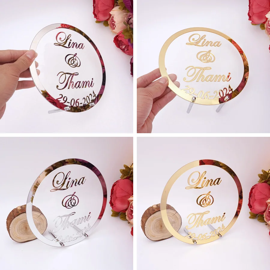 Acrylic Party Decorations Round Shape Personalized Acrylic Mirror Wedding Frame Babyshower Word Sign Party Decor with Metal Nail Guests Favor Gift