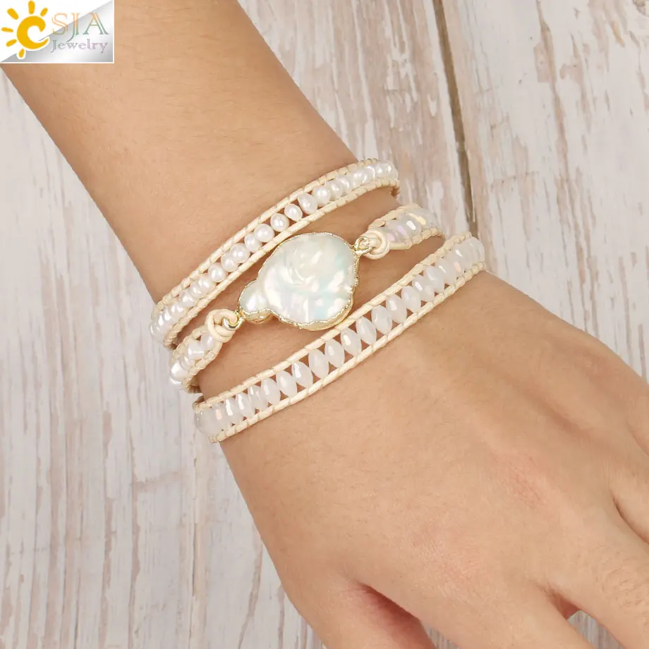 

CSJA Bohemia Multilayer Wrap Leather Bracelets Adjustable White Freshwater Pearls Glass Crystal Charm Women Woven Bracelets S474