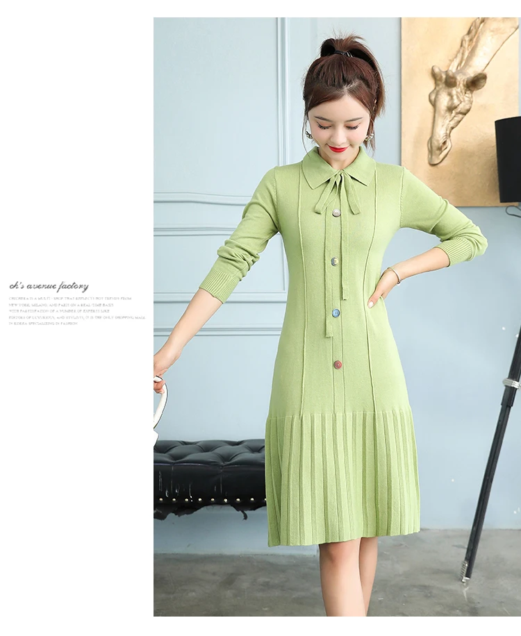 Bowknot Women Knit Dress Turn Down Pleated Hem Midi Knit Dress Korean Sweet Elegant Slimming Autumn Winter Women Dress