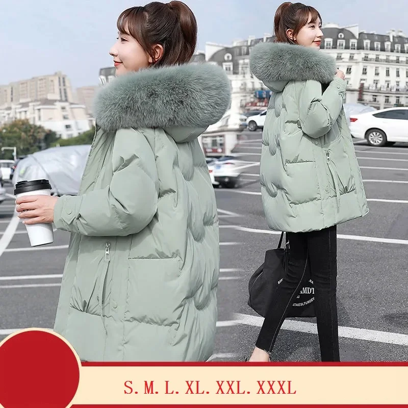 

Winter Down Cotton Coats Women Long Winter Jackets Big Fur Collar Hooded Down Jacket Parka Woman Korean Casual Outwear Loose