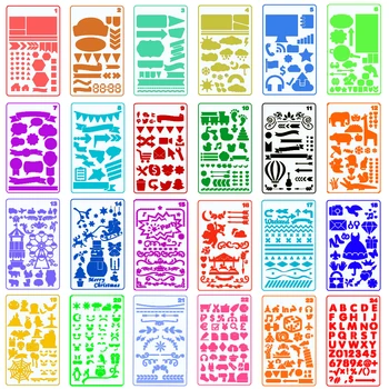 

24 PCS Plastic Journal Planner Stencils Set Include Letter,Number,Drawing,Icons,Charts,Shapes,Art,Drafting for Journal Painting